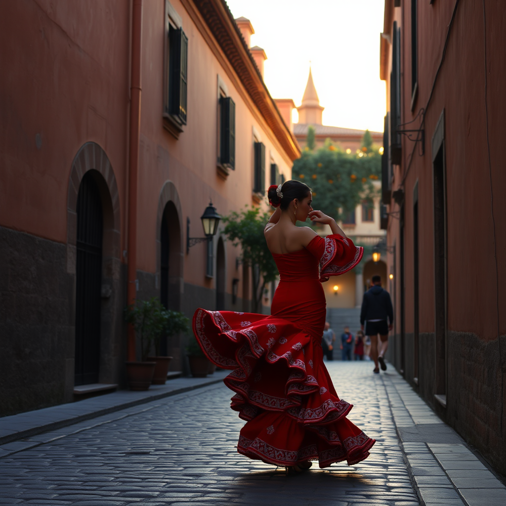Perinteinen flamenco-tanssija punaisessa mekossa tanssimassa auringonlaskun aikaan Sevillan kapealla kivikadulla, taustalla näkyy maurilaista arkkitehtuuria ja appelsiinipuita