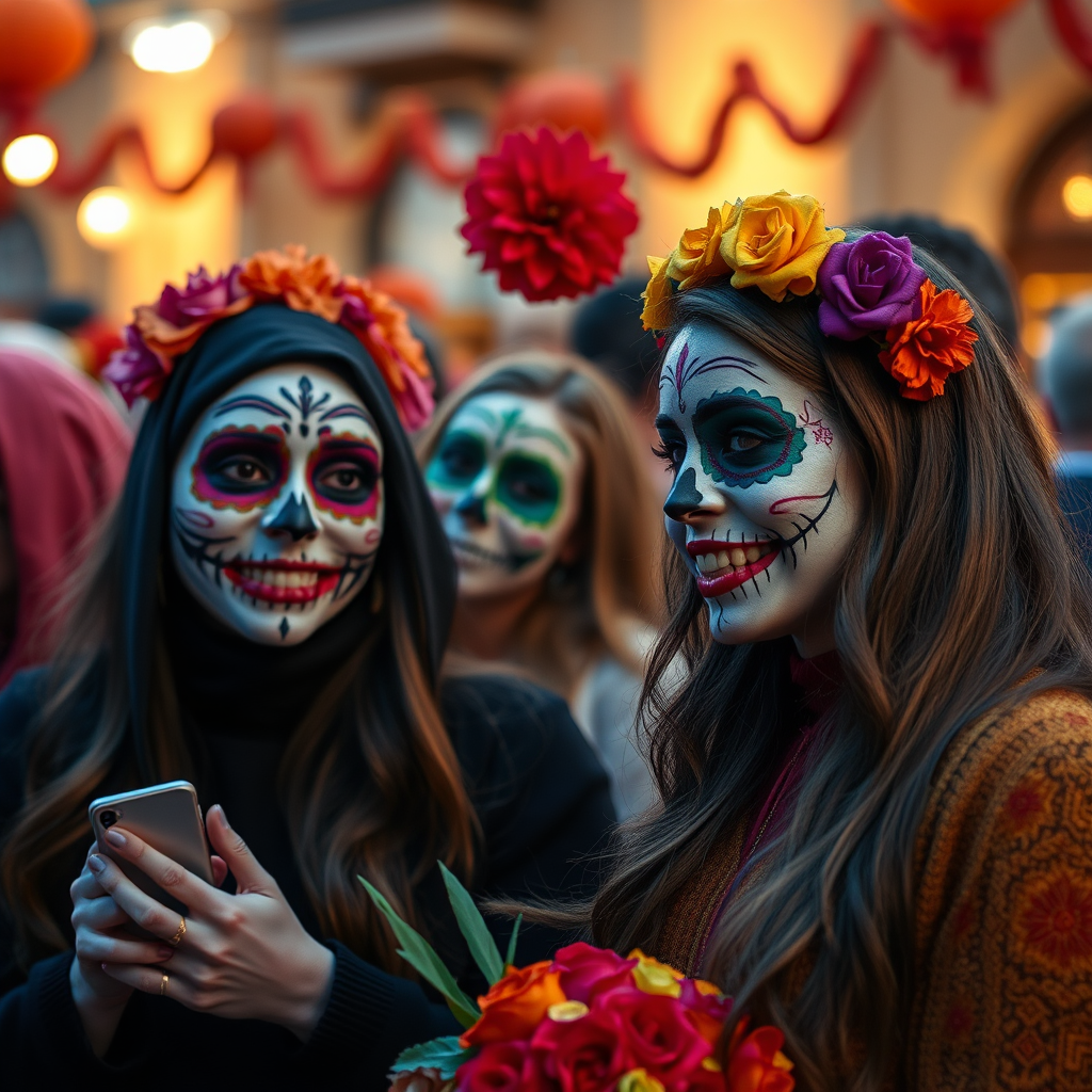 Suomalaiset osallistujat viettämässä Día de los Muertos -juhlaa Helsingissä, värikkäitä kasvomaalauksia ja perinteisiä espanjalaisia koristeita, lämmin valaistus ja iloinen tunnelma