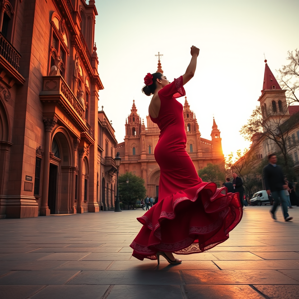Espanjalainen kulttuuri ja kieli - flamenco-tanssija perinteisessä punaisessa mekossa tanssimassa auringonlaskun aikaan Sevillan katedraalin edessä