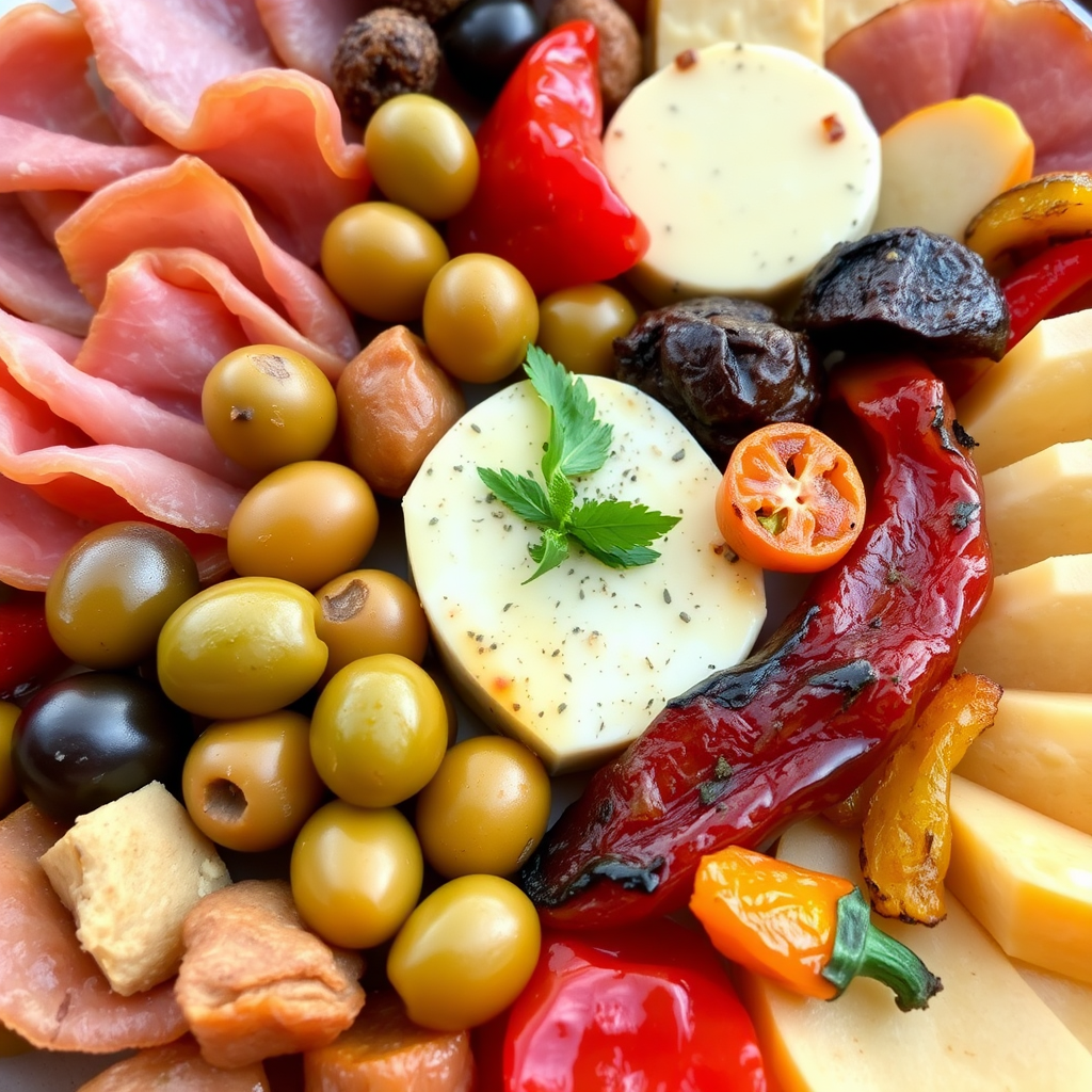 Perinteinen tapas-lautanen täynnä värikkäitä espanjalaisia herkkuja: oliiveja, jamon iberico-kinkkua, manchego-juustoa ja paahdettua paprikaa