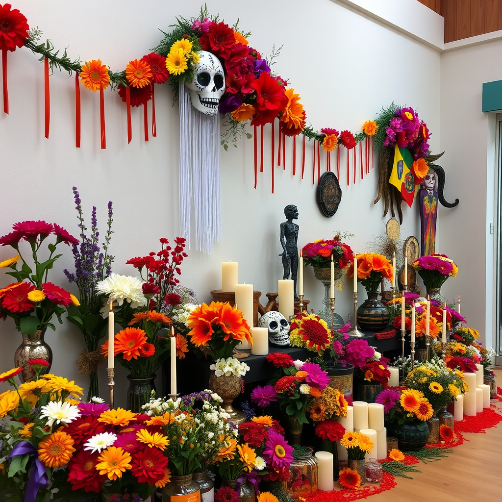 Perinteisiä Día de los Muertos -koristeita ja altareita suomalaisessa kulttuurikeskuksessa, värikkäitä kukkia, kynttilöitä ja espanjalaisia symboleja