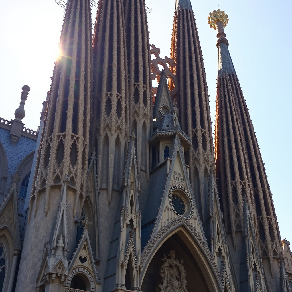 Sagrada Familia -basilikan yksityiskohta Barcelonassa, jossa näkyy Gaudín ainutlaatuinen arkkitehtoninen tyyli kultaisen auringonvalon valaisemana