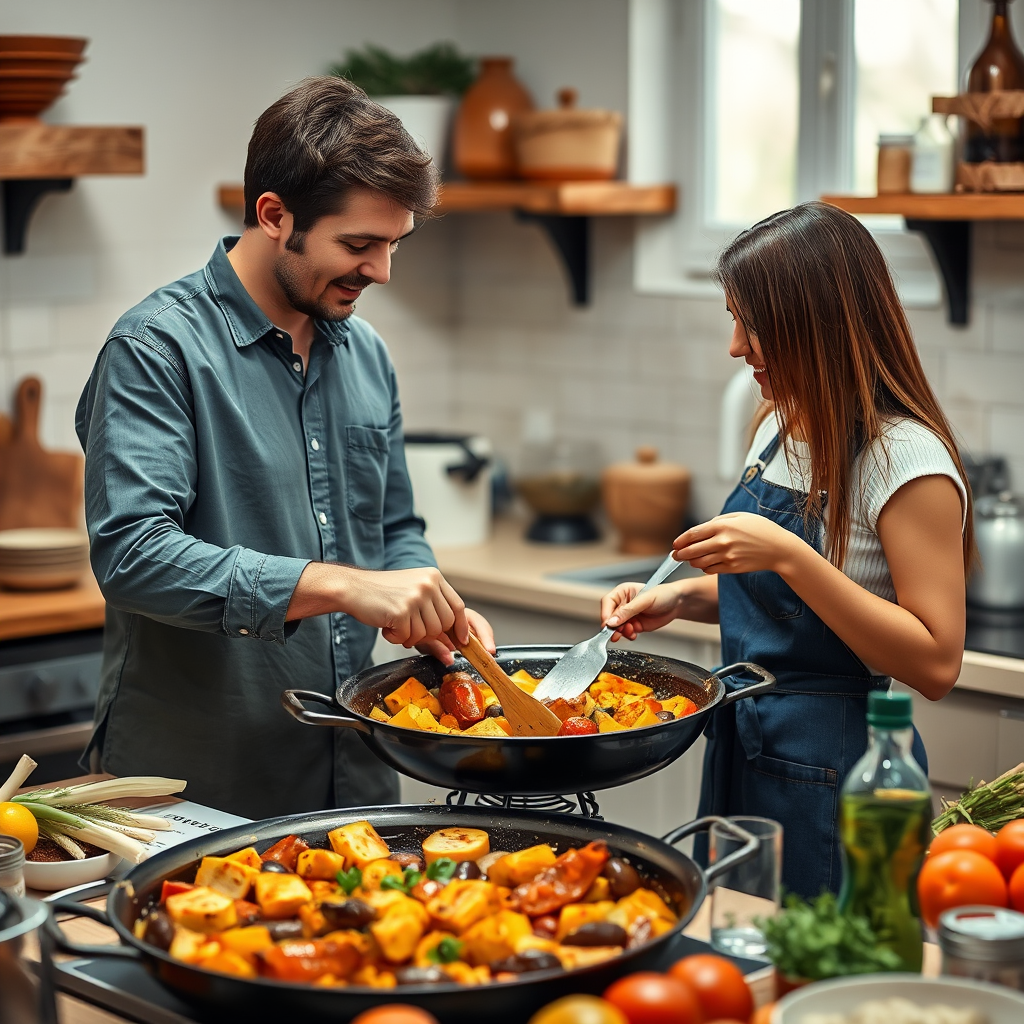 Espanjalainen perhe ja suomalainen opiskelija yhdessä keittiössä valmistamassa perinteistä paellaa, lämpimä tunnelma, yhteistyö