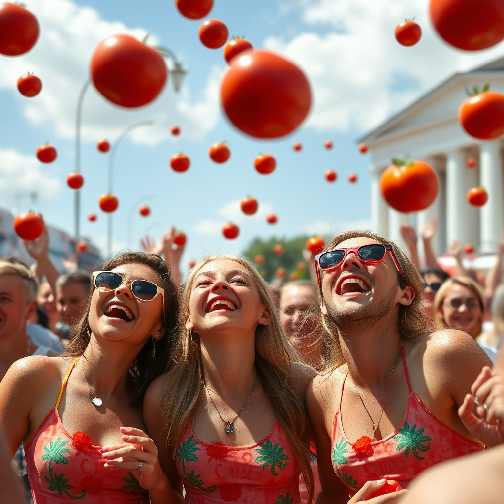 Iloisia suomalaisia osallistujia La Tomatina -tapahtumassa Helsingissä, tomaatteja lentää ilmassa, kesäinen tunnelma ja naurava väkijoukko
