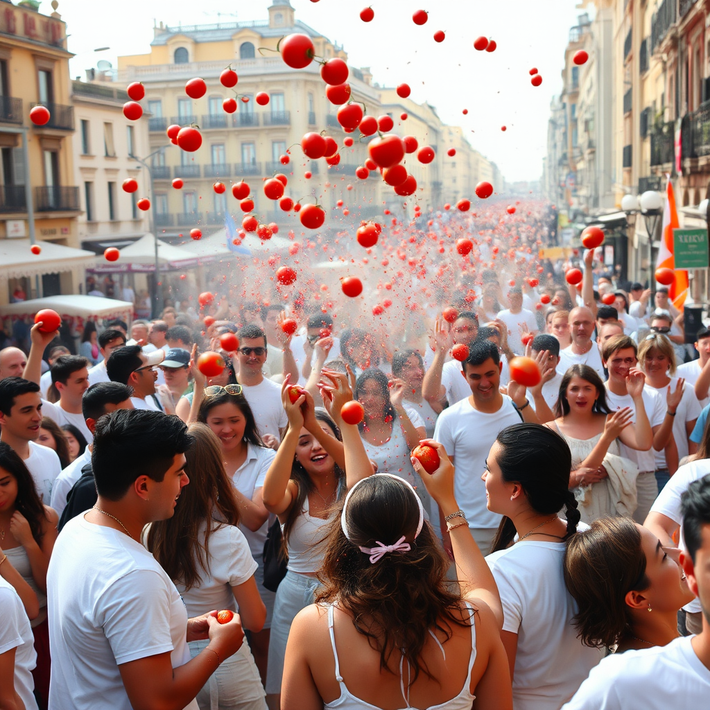 La Tomatina -festivaali Valenciassa, jossa ihmiset heittävät tomaatteja iloisessa tunnelmassa, kaikki pukeutuneena valkoisiin vaatteisiin