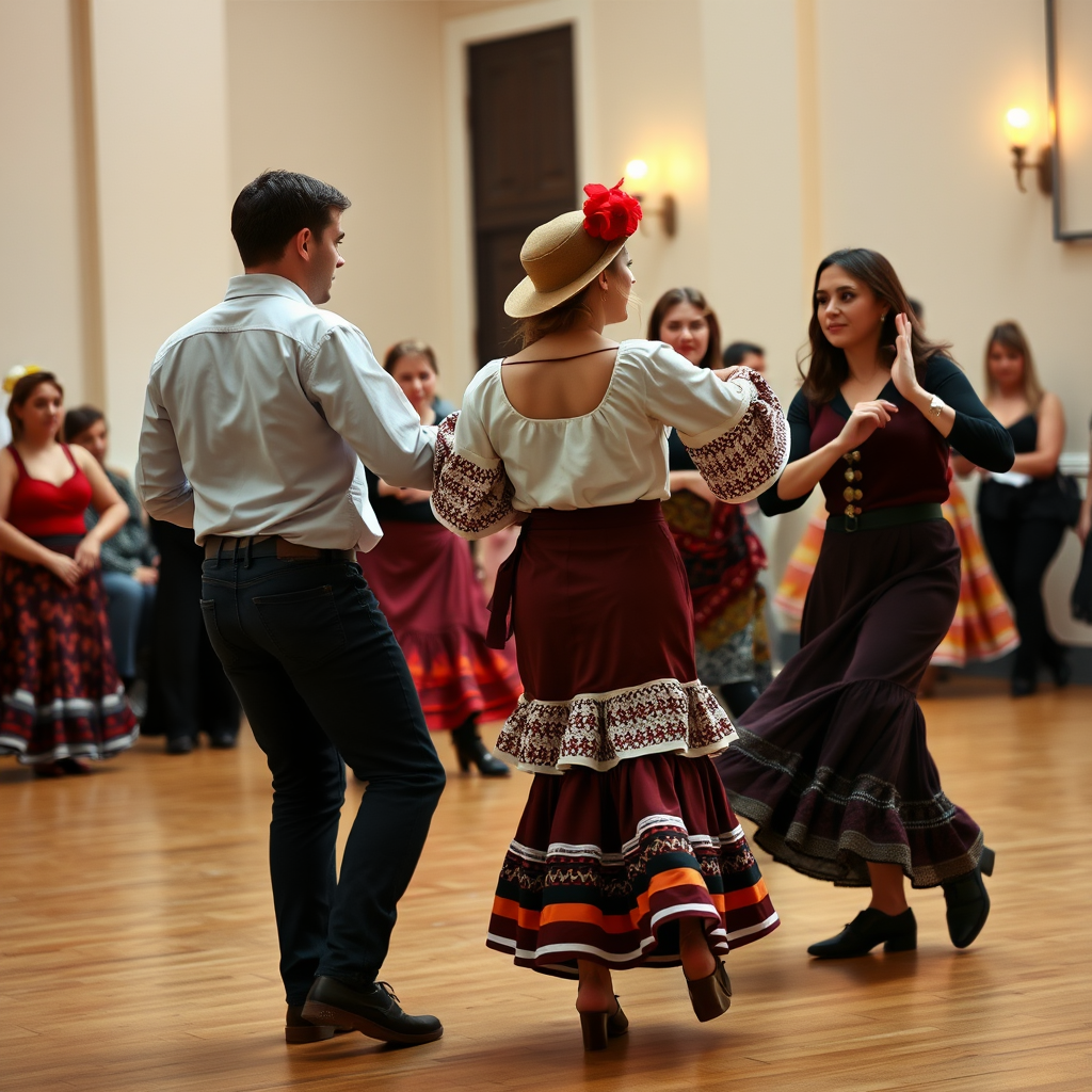 Suomalaiset opiskelijat osallistumassa flamenco-tanssitunnille Sevillassa, perinteiset asut, liike ja rytmi