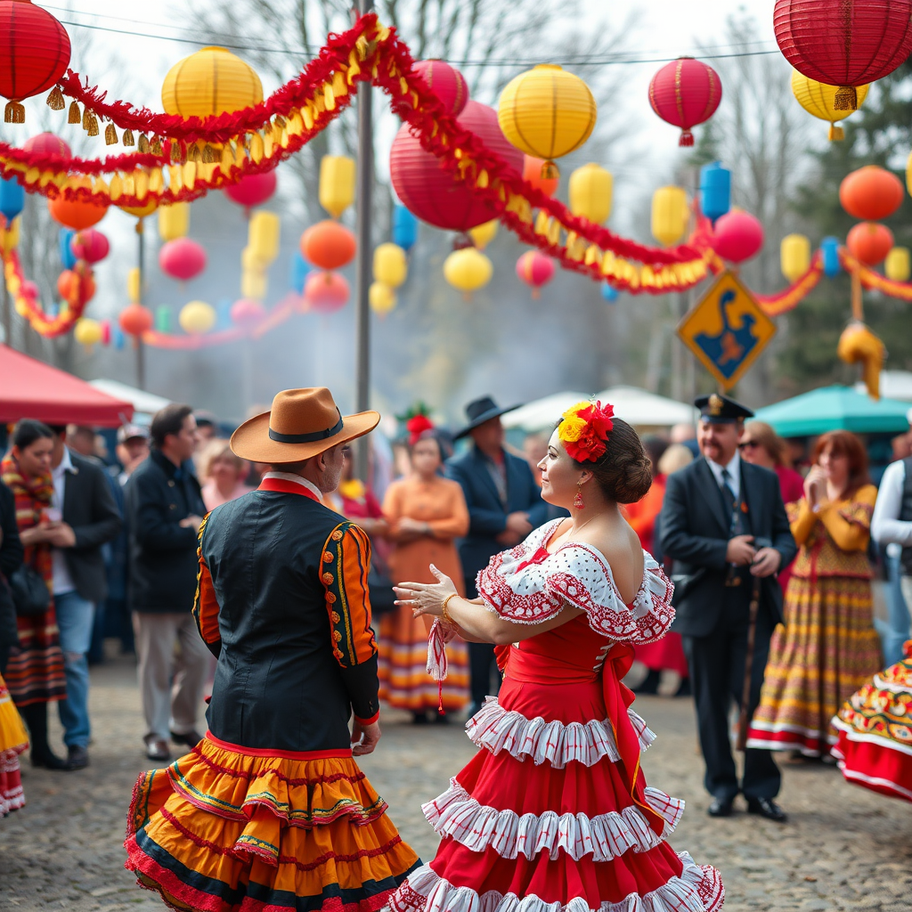 Värikkäät espanjalaiset festivaalit Suomessa, ihmiset perinteisissa espanjalaisissa asuissa, flamenco-tanssijat, värikäs koristelu ja juhlatunnelma suomalaisessa ympäristössä